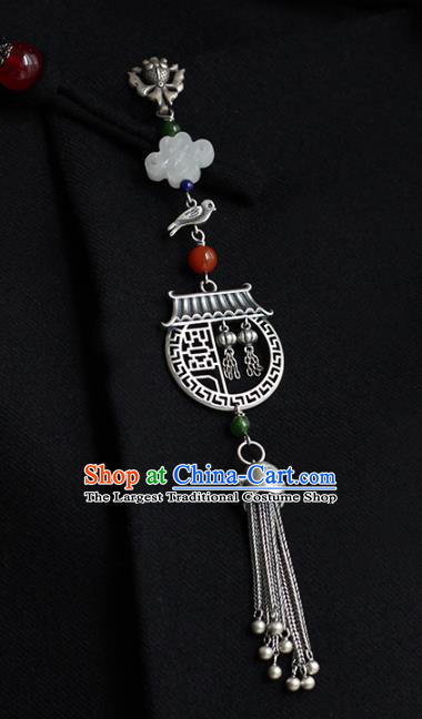 Chinese Cheongsam Jewelry Accessories Handmade National Tassel Breastpin Pendant Classical Silver Carving Dragon Gate Brooch