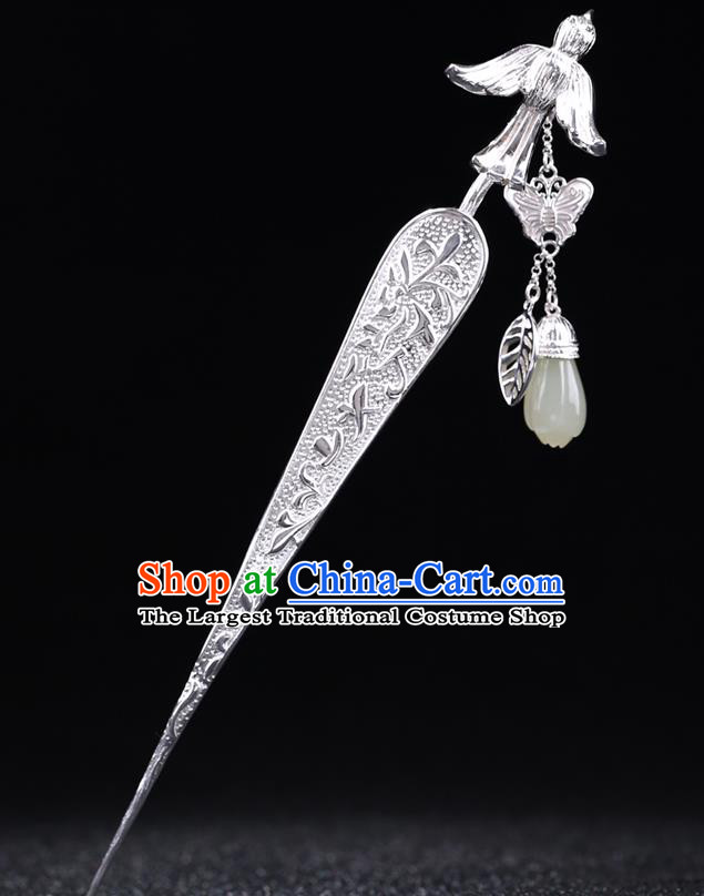 China National Jade Magnolia Tassel Hairpin Handmade Hair Jewelry Accessories Traditional Cheongsam Silver Hair Stick