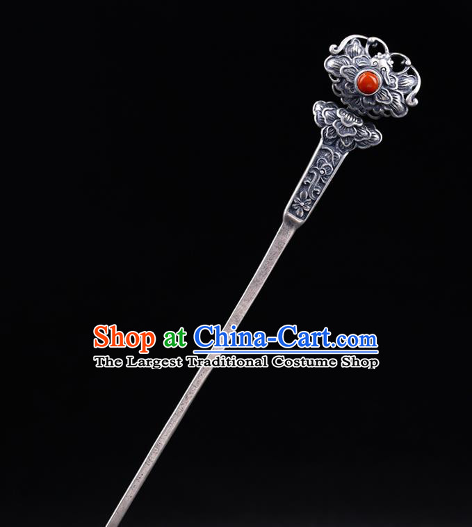 China National Corallite Hairpin Handmade Hair Jewelry Accessories Traditional Cheongsam Silver Carving Peony Hair Stick