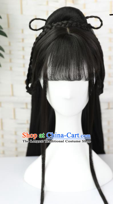 China Traditional Jin Dynasty Princess Straight Bangs Wiggery Headdress Handmade Ancient Palace Lady Wig Sheath