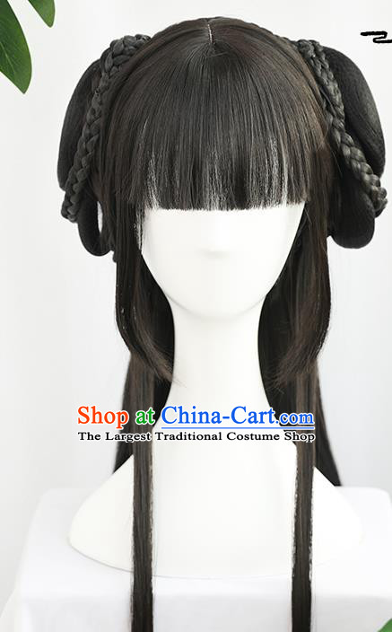 China Traditional Song Dynasty Wiggery Headdress Handmade Ancient Young Lady Straight Bangs Wig Sheath