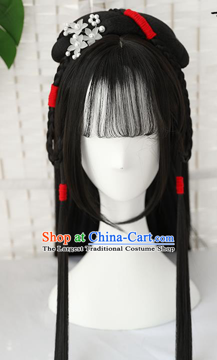 China Traditional Ming Dynasty Straight Bang Wiggery Headdress Handmade Ancient Young Beauty Wig Sheath