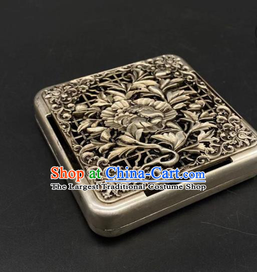 Handmade Chinese Carving Peony Ink Box Ornaments Traditional Brass Craft Cupronickel Ink Cartridge