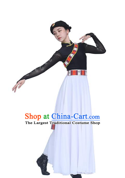 China Traditional Zang Nationality Folk Dance Clothing Tibetan Ethnic Black Blouse and White Skirt Outfits