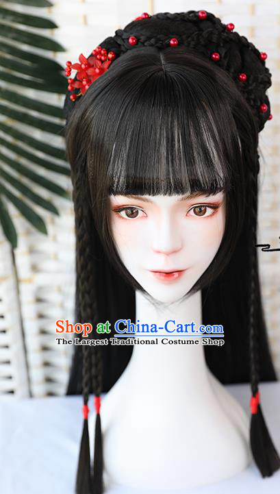 China Traditional Song Dynasty Straight Bangs Wiggery Headdress Handmade Ancient Female Swordsman Huang Rong Wig Sheath