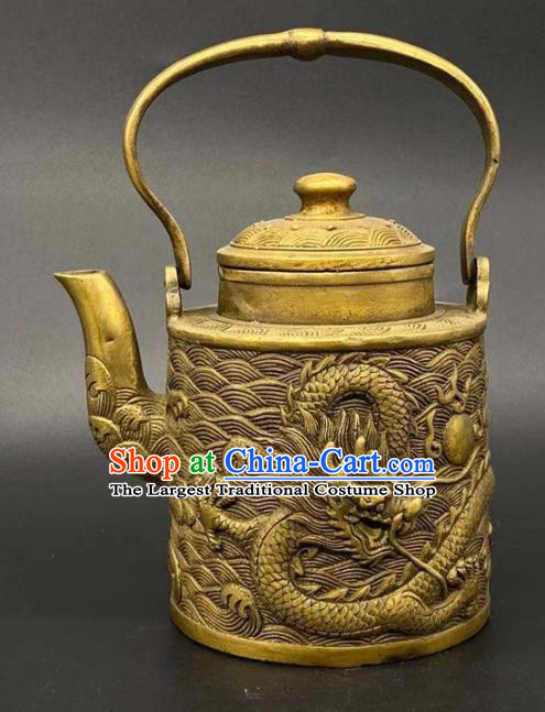 andmade Chinese Carving Dragon Teapot Ornaments Traditional Brass Kettle Accessories