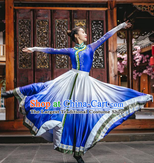 China Mongolian Ethnic Women Folk Dance Blue Dress Traditional Mongol Nationality Dance Clothing