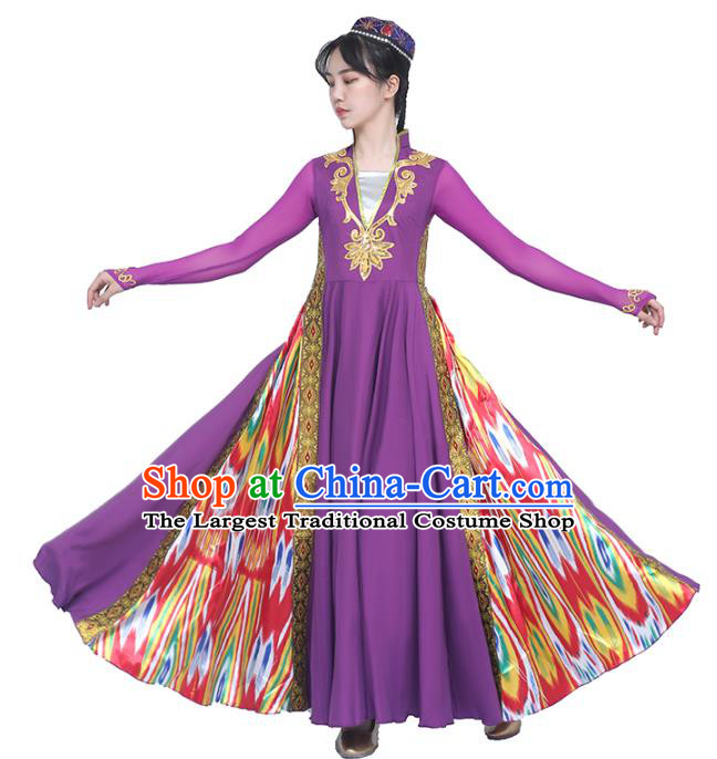 China Traditional Uyghur Nationality Folk Dance Clothing Ethnic Women Dance Purple Dress and Hat Outfits