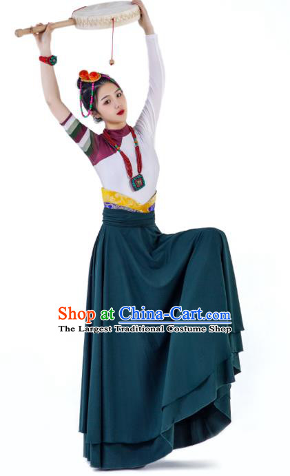 China Traditional Zang Nationality Folk Dance Clothing Tibetan Ethnic Women Dance Robe Outfits