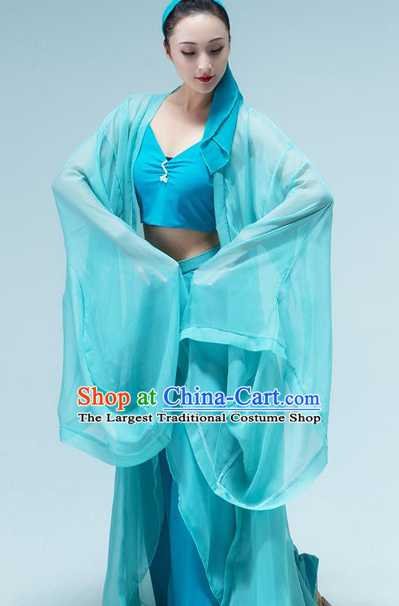 Traditional China Umbrella Dance Blue Dress Classical Dance Stage Show Green Snake Costume