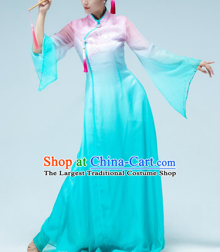 Traditional China Stage Show Group Dance Costume Umbrella Dance Classical Dance Blue Dress