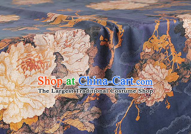 Chinese Royal Peony Pattern Brocade Drapery Traditional Cheongsam Silk Fabric Navy Gambiered Guangdong Gauze