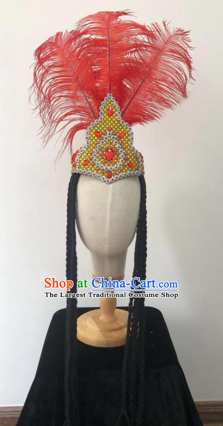 China Traditional Uyghur Nationality Folk Dance Headwear Ethnic Stage Performance Red Feather Braid Hat