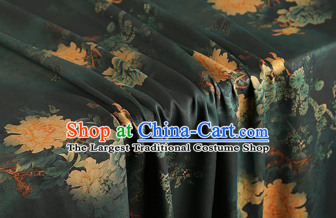 Chinese Traditional Deep Green Silk Fabric Royal Peony Pattern Cheongsam Cloth Drapery Gambiered Guangdong Gauze