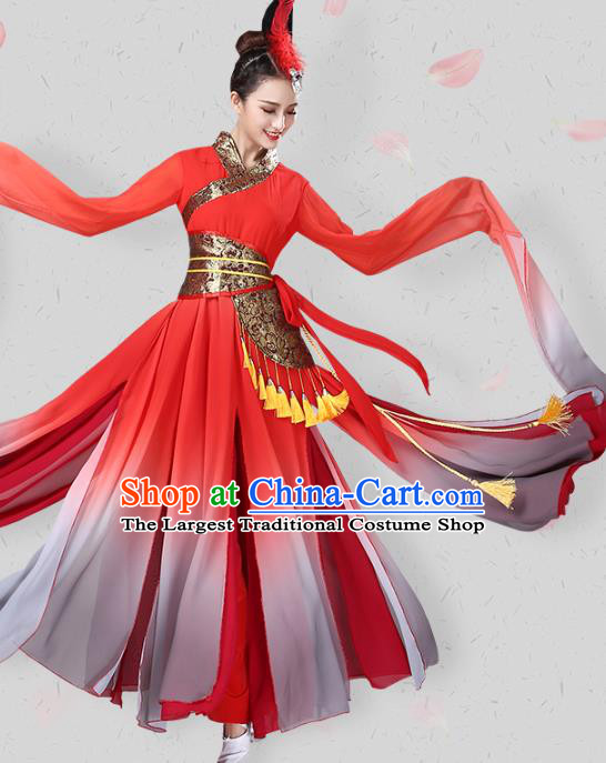 China Traditional Fan Dance Group Dance Water Sleeve Red Dress New Year Classical Dance Costume