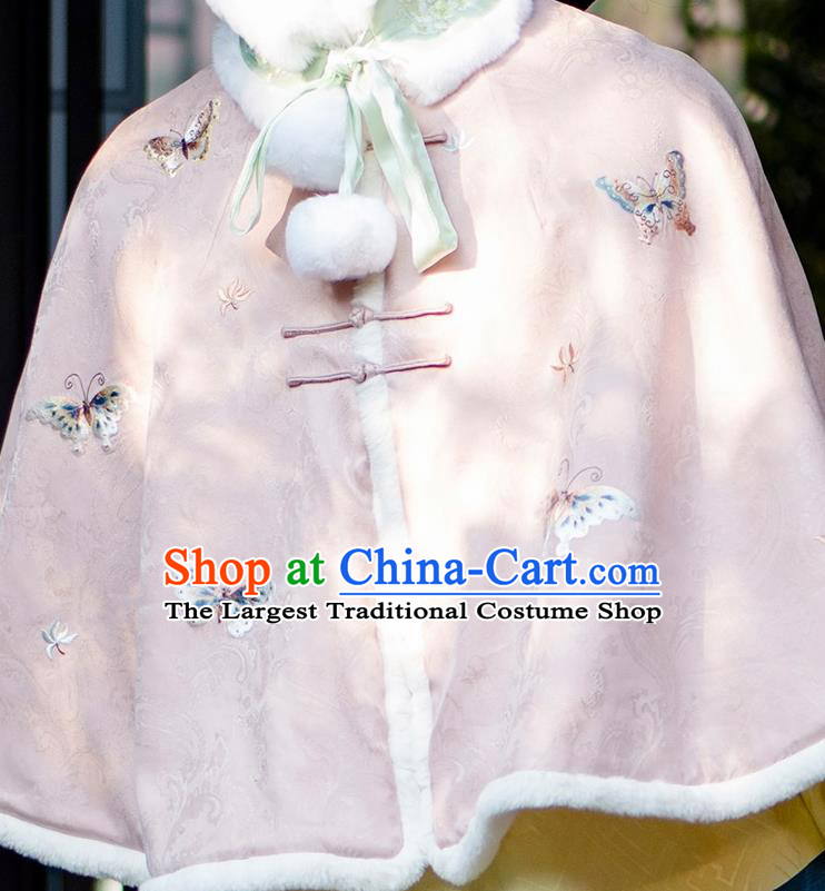 China Traditional Embroidered Costume Tang Suit Pink Short Cloak Embroidery Butterfly Winter Upper Outer Garment