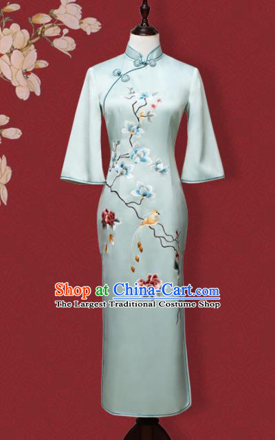 China Traditional Qipao Dress Embroidered Costume Embroidery Flowers Bird Light Blue Silk Cheongsam