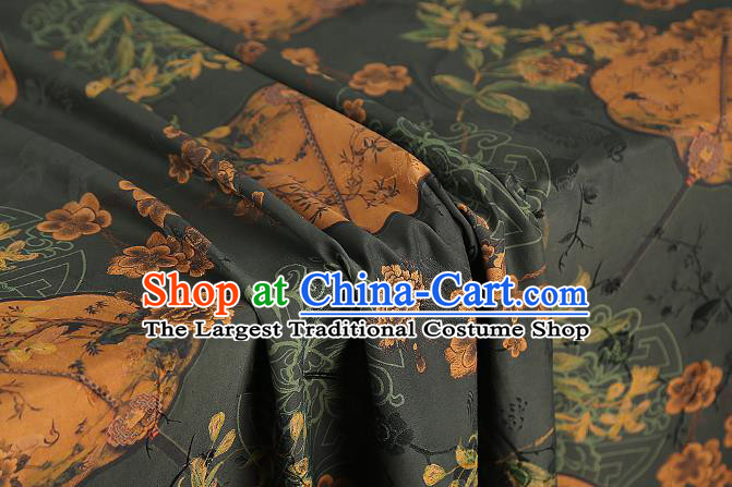 Chinese Dark Green Brocade Cloth Drapery Gambiered Guangdong Gauze Traditional Cheongsam Royal Plum Fan Pattern Silk Fabric