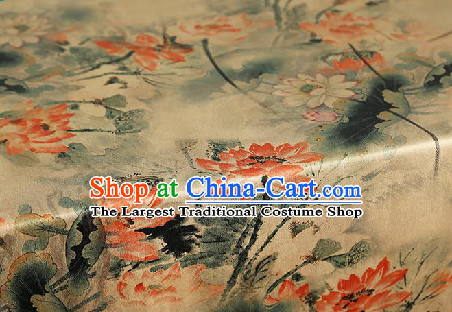 Chinese Classical Lotus Pattern Light Yellow Brocade Fabric Cheongsam Silk Drapery Traditional Gambiered Guangdong Gauze