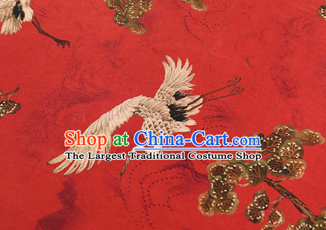 Chinese Cheongsam Silk Fabric Traditional Red Brocade Cloth Classical Pine Crane Pattern Gambiered Guangdong Gauze Drapery