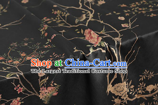 Chinese Classical Flowers Birds Pattern Brocade Traditional Black Silk Drapery Cheongsam Gambiered Guangdong Gauze Fabric