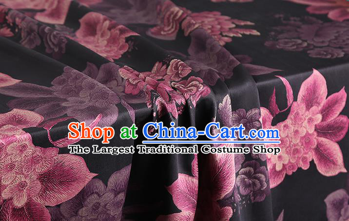 Chinese Traditional Cheongsam Black Brocade Fabric Classical Purple Peony Pattern Silk Drapery