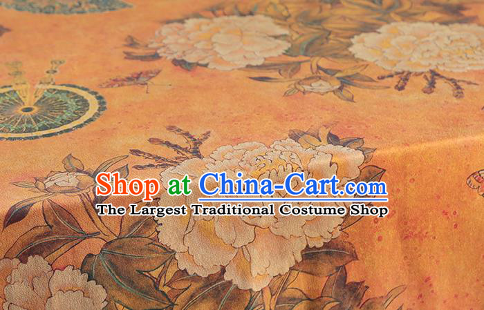 Chinese Cheongsam Orange Gambiered Guangdong Gauze Cloth Traditional Silk Drapery Classical Peony Fan Pattern Brocade Fabric