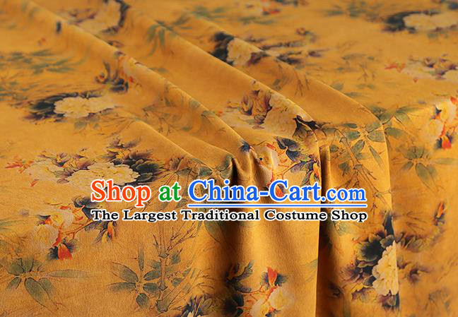 Chinese Cheongsam Silk Fabric Traditional Gambiered Guangdong Gauze Classical Peony Pattern Yellow Brocade Drapery