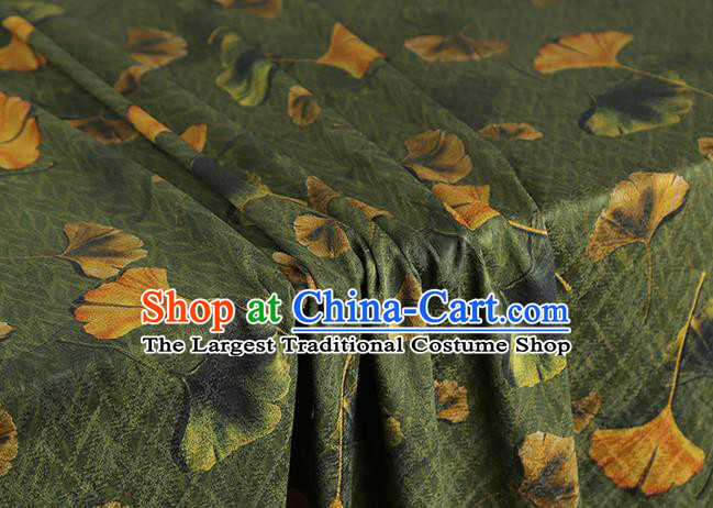 Chinese Cheongsam Olive Green Silk Fabric Traditional Gambiered Guangdong Gauze Classical Ginkgo Leaf Pattern Brocade Drapery