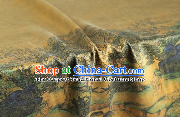 Chinese Satin Fabric Classical Landscape Pattern Yellow Silk Drapery Traditional Qipao Dress Brocade