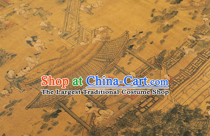 Chinese Classical Hundred Boys Pattern Silk Drapery Qipao Dress Satin Cloth Traditional Ginger Brocade Fabric