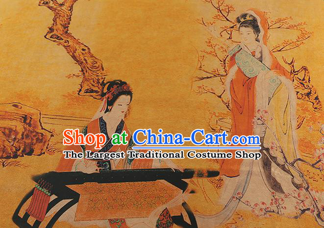 Chinese Traditional Yellow Gambiered Guangdong Gauze Qipao Dress Fabric Classical Beauty Wang Zhaojun Pattern Silk Drapery