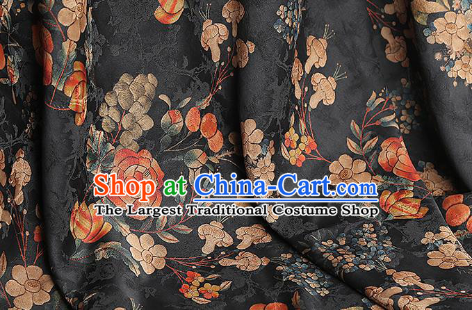 Chinese Classical Dahlia Pattern Silk Drapery Black Gambiered Guangdong Gauze Traditional Qipao Dress Fabric