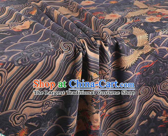 Chinese Qipao Dress Navy Brocade Cloth Traditional Gambiered Guangdong Gauze Classical Wave Cranes Pattern Silk Fabric