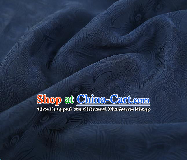 Chinese Qipao Dress Jacquard Navy Blue Satin Cloth Classical Feather Pattern Silk Fabric Traditional Gambiered Guangdong Gauze