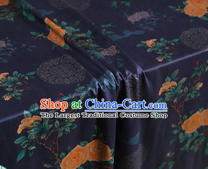 Chinese Traditional Cheongsam Deep Blue Brocade Material Classical Roses Pattern Silk Fabric