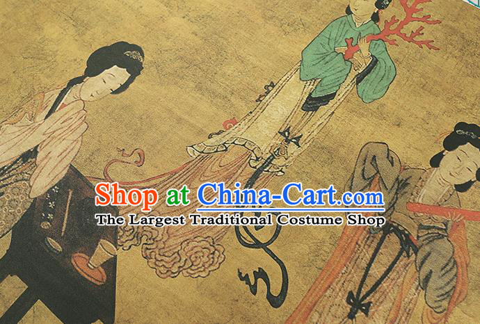 Chinese Classical Palace Lady Pattern Gambiered Guangdong Gauze Drapery Traditional Qipao Dress Yellow Silk Fabric