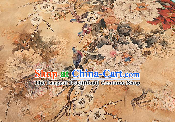 Chinese Traditional Qipao Dress Apricot Silk Fabric Classical Plum Blossom Pattern Gambiered Guangdong Gauze Drapery