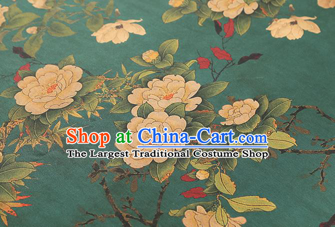 Chinese Gambiered Guangdong Gauze Qipao Dress Brocade Fabric Traditional Classical Camellia Pattern Green Silk Drapery