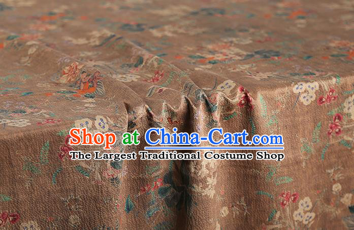 Chinese Classical Printing Flowers Gambiered Guangdong Gauze Traditional Qipao Dress Brown Silk Fabric