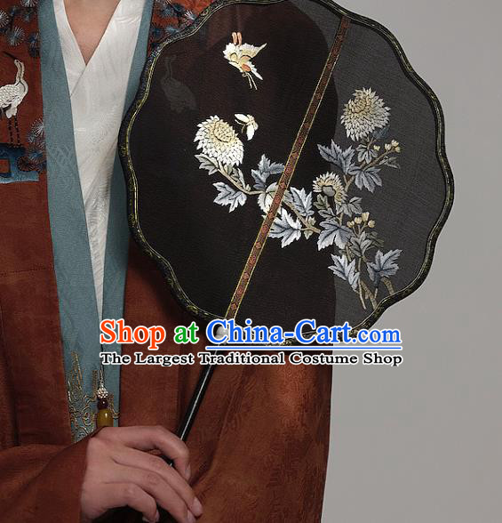 China Traditional Hanfu Black Silk Palace Fan Ancient Wedding Bride Fan Handmade Embroidered Chrysanthemum Fans