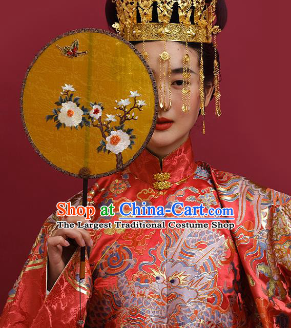 China Ancient Bride Ebony Fan Handmade Embroidered Fans Traditional Wedding Hanfu Yellow Silk Palace Fan