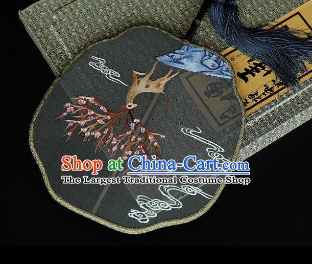 China Ancient Court Princess Black Silk Fan Handmade Embroidered Deer Fans Traditional Hanfu Palace Fan