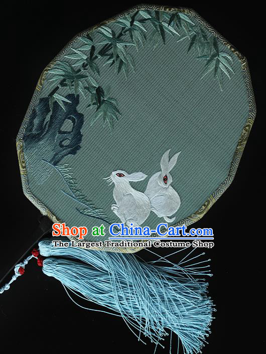 China Handmade Embroidered Rabbit Bamboo Fans Ancient Court Princess Fan Traditional Hanfu Green Silk Palace Fan