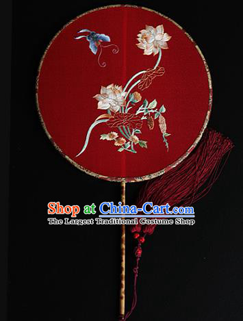 China Ancient Bride Red Silk Fan Handmade Embroidered Lotus Circular Fans Traditional Wedding Hanfu Palace Fan