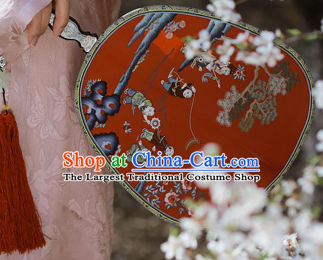 China Handmade Hanfu Fans Embroidered Children Red Silk Fan Traditional Wedding Palace Fan