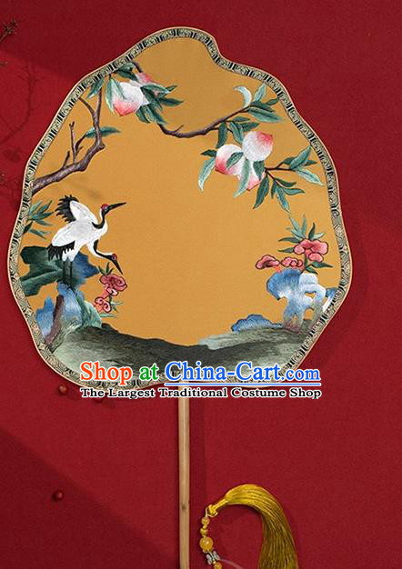 China Ancient Empress Palace Fan Traditional Hanfu Yellow Silk Fans Embroidered Peach Crane Fan