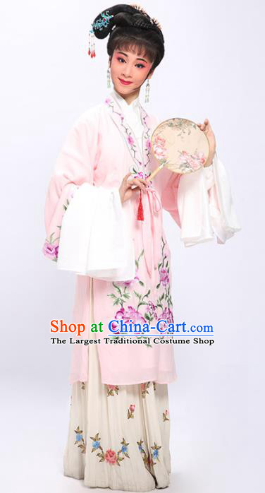 China Shaoxing Opera Noble Beauty Embroidered Peony Pink Cloak Clothing Traditional Yue Opera Hua Tan Garment Costumes and Headwear