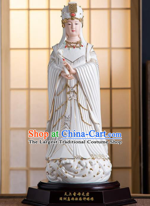 Handmade China White Ceramics Heaven Queen Statue Shi Wan Porcelain Figurine Craft Gold Drawing Goddess Ma Zu Statue