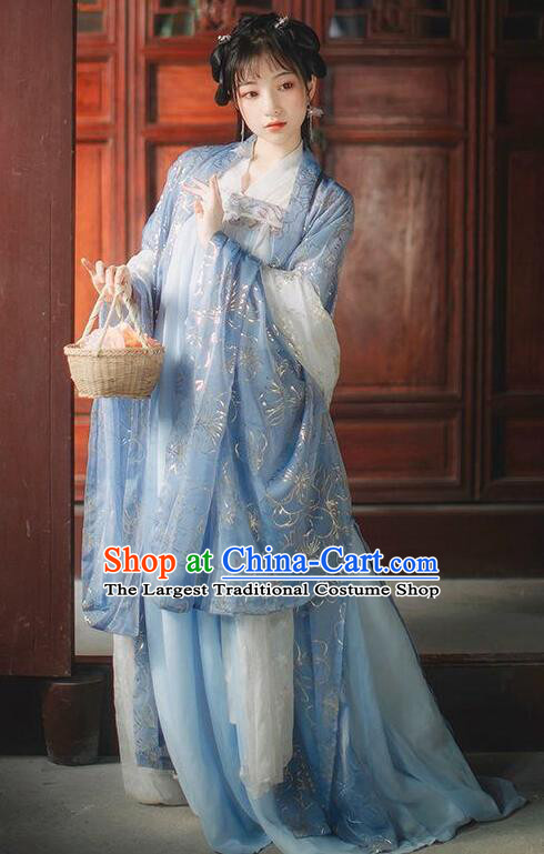 China Ancient Princess Blue Wide Sleeve Cape Traditional Hanfu Da Xiu Shan Overcoat for Women